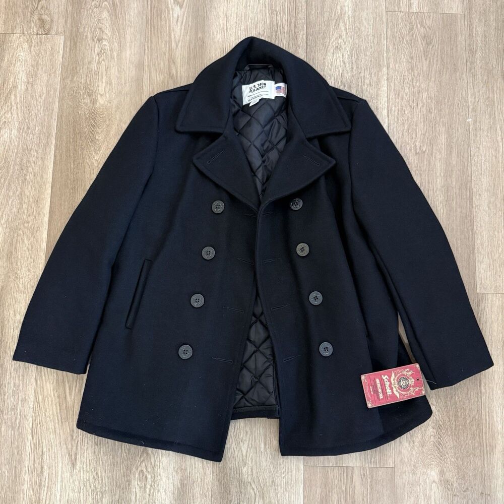 Schott NYC 740N US Navy Pea Jacket Black Wool Coat Men’s Size XL NWT